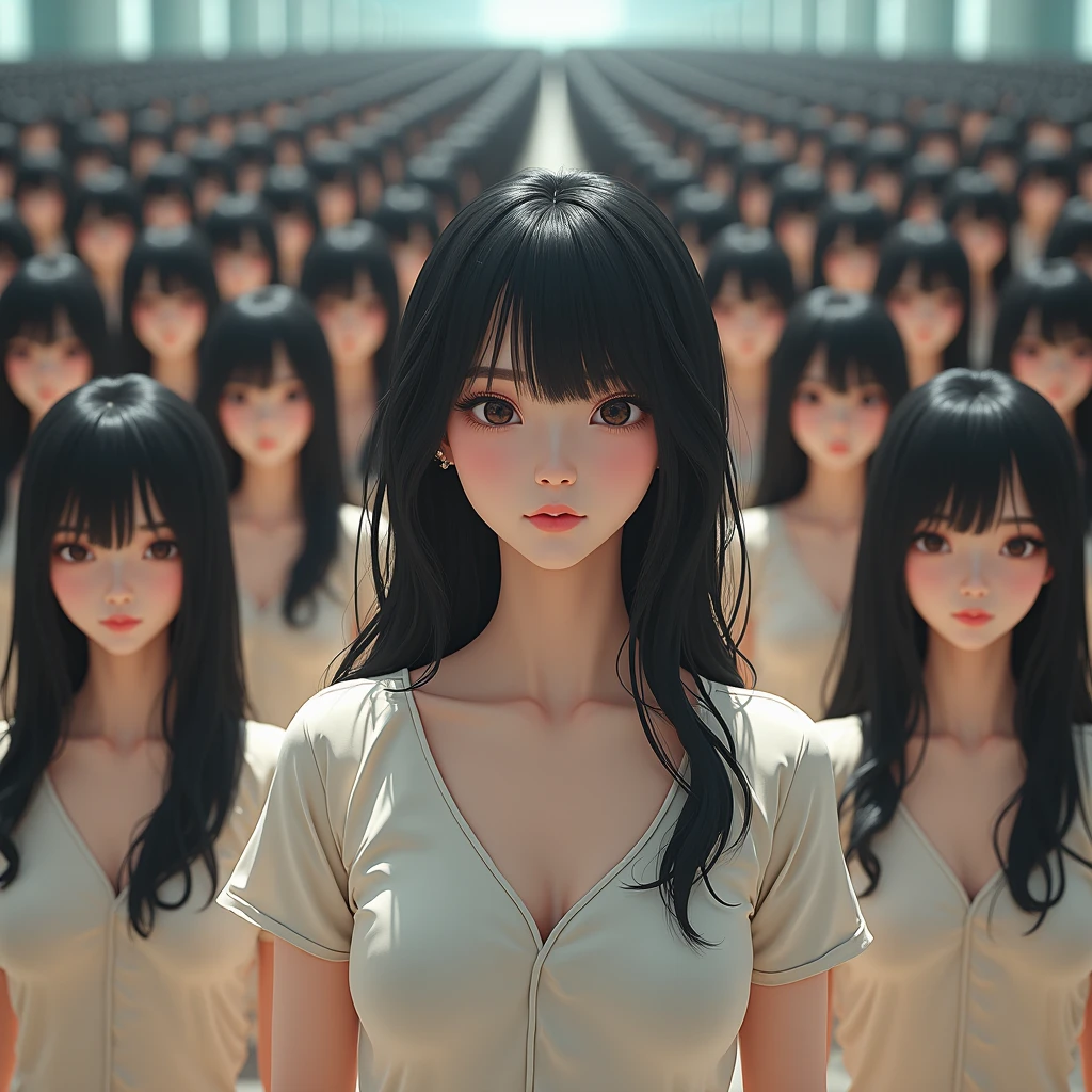 (((((Japanese Clone girls=Myself)))))), (((Best Super High quality Myself Clone girls Raw Photography Art))), (16K, Highest quality, Ultra-high resolution, RAW Photos), (((It's so unrealistic., With unparalleled depiction, With an unfathomable sight, An unprecedented and shocking worldview, Clone girls in a world of mass reproduction, Ultra-realistic))), (((Japanese, woman, 20yo, Saito-Asuka))), (Small face, ((Thick black hair, Semi-long hair))), ((V-neck short-sleeve dress)), (((((Very detailed美しい女体, Accurate body structure, Very detailed完璧な, Super busty body with very large breasts, Clearly emphasizes cleavage))))), (((Dark Eyes, Mature face, Cute Smile, A gentle gaze))), (((Her happy and smiling expression is so cute))), ((((((((Very detailed分身増殖描写, ((1girl→Myself cloning→1,000,000,000,000,000,000,000,000,000,000,000,000,000,000,000,000,000,000,000,000Myself Clone girls)))))))))), ((((((((Very detailed, The precise depiction of the proliferation of Myself Clone girls, ((With the perfectly identical bodies of Myself clone girls, With the exact same face as the Myself clone girls, With the exact same hairstyle as the Myself clone girls, In the exact same clothes as the girls who are my clones, Perfectly the same height as the Myself clone girls, Super big breasts, just like the Myself clone girls)))))))))), (((Myself clone girls only))), (((Multiple pairs, Very detailed depiction, (A group of Myself clone girls hugging each other, A large gathering of Myself clone girls, Fun conversation with the crowd of Myself clone girls, Happy conversation with the crowd of Myself clone girls, Myself clone girls holding hands, Multiple Myself clone girls walking together in a crowd, turn around, look at me, The approaching crowd of Myself)))), (((Everyone looks at the camera))), (((Unbelievably crowded, Transcendent Myself clone girls intimately, Countless Myself clone girls surround you in 360 degrees))), (Bright, soft sunlight), (((Very wide field of view, Very detailed, Detailed ultra-perspective depiction with clear depth, super wide view))), (((((A place where multiple Myself armies join together))))), (((Very photographic and detailed depiction, Myself clone girls will multiply infinitely and fill the surroundings from one side to the horizon with their bodies tightly packed together without any gaps., A scene of endless Myself clone girls, giving a happy vibe.))), (Focus on the average value of the image)