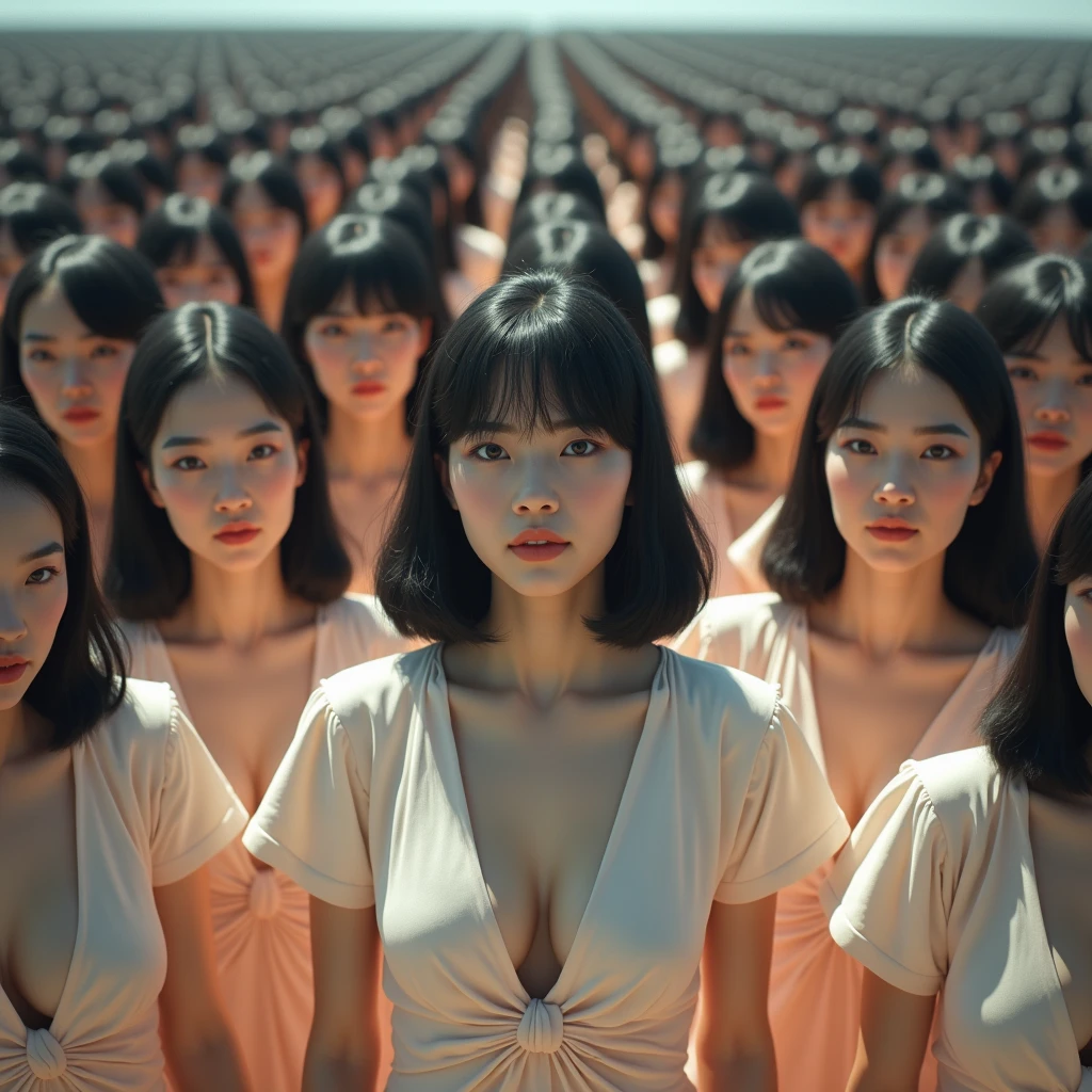 (((((Japanese Clone girls=Myself)))))), (((Best Super High quality Myself Clone girls Raw Photography Art))), (16K, Highest quality, Ultra-high resolution, RAW Photos), (((It's so unrealistic., With unparalleled depiction, With an unfathomable sight, An unprecedented and shocking worldview, Clone girls in a world of mass reproduction, Ultra-realistic))), (((Japanese, woman, 20yo, Saito-Asuka))), (Small face, ((Thick black hair, Semi-long hair))), ((V-neck short-sleeve dress)), (((((Very detailed美しい女体, Accurate body structure, Very detailed完璧な, Super busty body with very large breasts, Clearly emphasizes cleavage))))), (((Dark Eyes, Mature face, Cute Smile, A gentle gaze))), (((Her happy and smiling expression is so cute))), ((((((((Very detailed分身増殖描写, ((1girl→Myself cloning→1,000,000,000,000,000,000,000,000,000,000,000,000,000,000,000,000,000,000,000,000Myself Clone girls)))))))))), ((((((((Very detailed, The precise depiction of the proliferation of Myself Clone girls, ((With the perfectly identical bodies of Myself clone girls, With the exact same face as the Myself clone girls, With the exact same hairstyle as the Myself clone girls, In the exact same clothes as the girls who are my clones, Perfectly the same height as the Myself clone girls, Super big breasts, just like the Myself clone girls)))))))))), (((Myself clone girls only))), (((Multiple pairs, Very detailed depiction, (A group of Myself clone girls hugging each other, A large gathering of Myself clone girls, Fun conversation with the crowd of Myself clone girls, Happy conversation with the crowd of Myself clone girls, Myself clone girls holding hands, Multiple Myself clone girls walking together in a crowd, turn around, look at me, The approaching crowd of Myself)))), (((Everyone looks at the camera))), (((Unbelievably crowded, Transcendent Myself clone girls intimately, Countless Myself clone girls surround you in 360 degrees))), (Bright, soft sunlight), (((Very wide field of view, Very detailed, Detailed ultra-perspective depiction with clear depth, super wide view))), (((((A place where multiple Myself armies join together))))), (((Very photographic and detailed depiction, Myself clone girls will multiply infinitely and fill the surroundings from one side to the horizon with their bodies tightly packed together without any gaps., A scene of endless Myself clone girls, giving a happy vibe.))), (Focus on the average value of the image)
