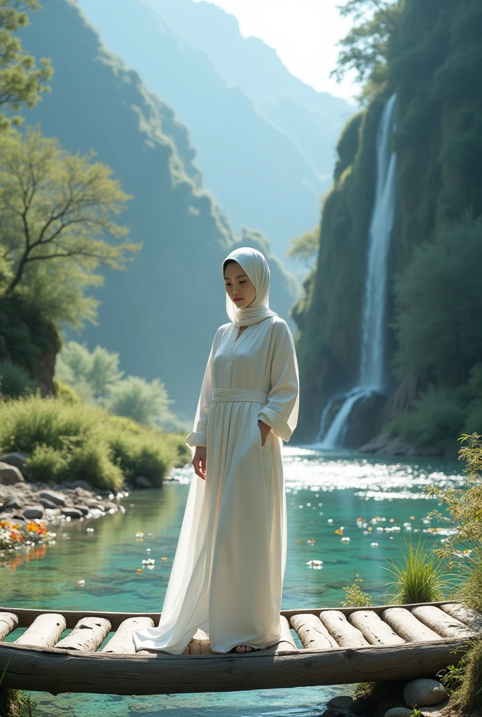 Beautiful Korean girl, smooth white skin, well-groomed face, white hijab, white hoodie, white jamsuit pants, standing on the edge of a wooden bridge, there is a river covered with small flowers of various colors, there are small rocks, the water is very clear, the view is exotic, the background mountains, there are waterfalls, the cliffs are overgrown 
Green moss and shady trees look authentic, real and realistic in photos