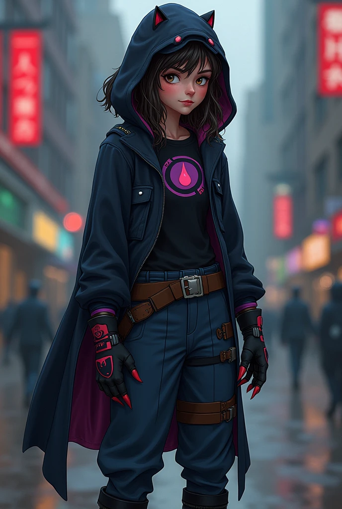 1 girl. estilo DC panel Young Justice. dark brown hair, Wavy and shaggy is a shaggy mullet style below the shoulders, tired brown eyes with dark circles, almost pale white complexion,1.65 m, slim and agile build. security guard clothing, black muscle shirt, Black oversized military pants and a comfortable colored jacket with violet details, The emblem on the chest is a lunar symbol with a drop of blood in the center., representing his gift The black hooded cloak has a dark red trim, The boots and gloves have dark red details, and the nails on the gloves look like sharp claws. The black mask has night vision lenses that appear to be like wolf eyes., on the belt, He carries tools and weapons that appear to be like medical instruments.. The entire costume seems to be like an extension of his gift.