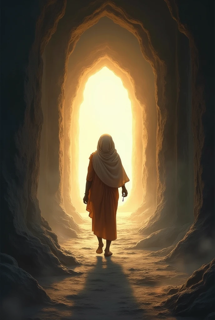 Uma era of kaliyuga, a simple devotee of krisna serving the lotus feet of Sri Caitanya Mahaprabhu passing through a tunnel of darkness and light