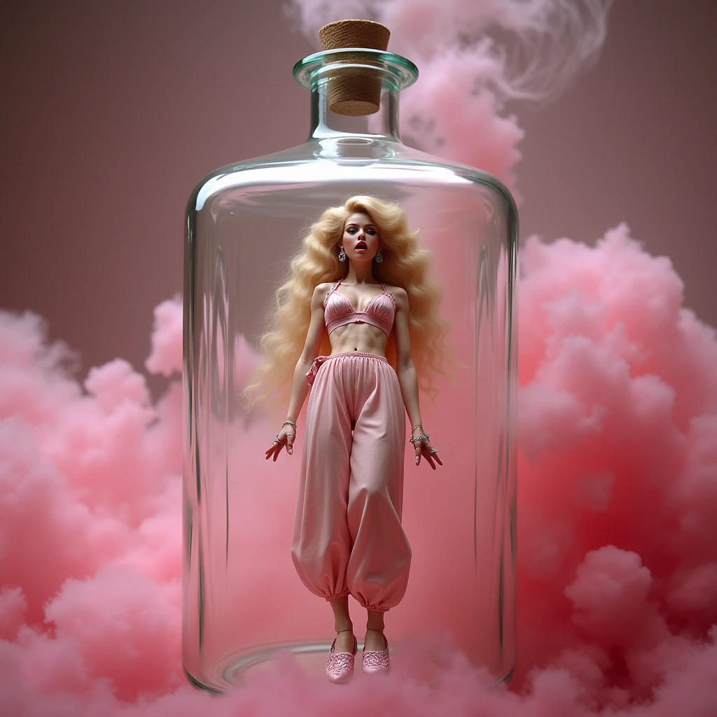 Very tiny miniaturized beautiful realistic very frightened helpless young Barbara Eden is lying barefoot on a silk pillow enveloped in thick swirling pink smoke and is imprisoned entirely contained inside a giant clear glass Arabian bottle begging to be freed, wearing an extremely tiny soft pink chiffon cropped top with very low hipped very very oversized transparent soft pink chiffon harem pants elastic gathered at the ankles and hips,  extremely long disheveled messy blonde hair with a sloppy extremely long ponytail, narrow shoulders, small breasts, aggressively arched back, bubble butt, full hips, sexy soft slightly rounded lower belly, proportionate average-length legs, compact build, perfect dainty narrow feet wearing tiny pink flat-soled closed-toe Arabian slippers with pointed tips, large eyes open very wide in terror, thick mascara, soft pink full pouting lips, hoop earrings, slave bands, several rings on various fingers, accurate anatomy, full body, djinnification