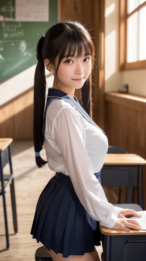(Highest quality,masterpiece:1.3,Ultra-high resolution),(Very detailed,Caustics,8k),(Realistic:1.4,RAW shooting),(School classroom),(sat next to me),mechanical,Chair,1,cute,(Look at the camera with a smile),Japanese,Black hair in twin tails,Big Breasts,Sailor suit,(The light coming in from the window illuminates the girl:1.1),(Curtains swaying in the wind),(Side Shot:1.1),(Bust up shot),(Face close-up:1.1),(Low position),(Low Angle),Natural light