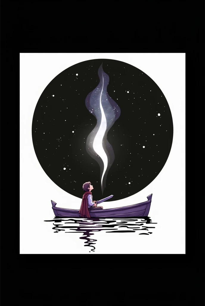 Boy sitting in boat, sword in hand, cape, loneliness, high resolution, sea of stars, vista, romance, smallness