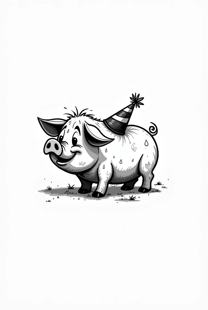 A cartoon style pig, which is dirty and wears a party hat, In black and white