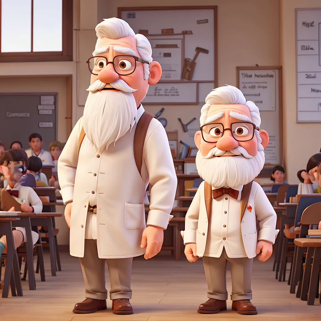 Full-body image, naughty man, 70 years old, he has a white beard, white mustache, White hair, teacher, wearing a white coat and brown bow tie, wear glasses, hands on ears, covering your ears