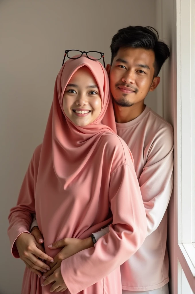 (masterpiece, best quality:1.2), professional shot, solo, 1 malay girl and 1 malay man, smile, looking at viewer, hand on hip,pastel red color hijab, eyewear on head, bugil, man behind girl,