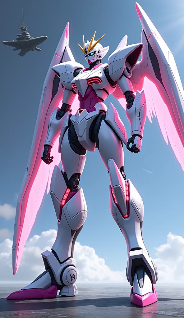 Anime Style, Giant Robot, A full-body image of a pterosaur-like white and pink female super robot Simple Background,universe, Battleship,