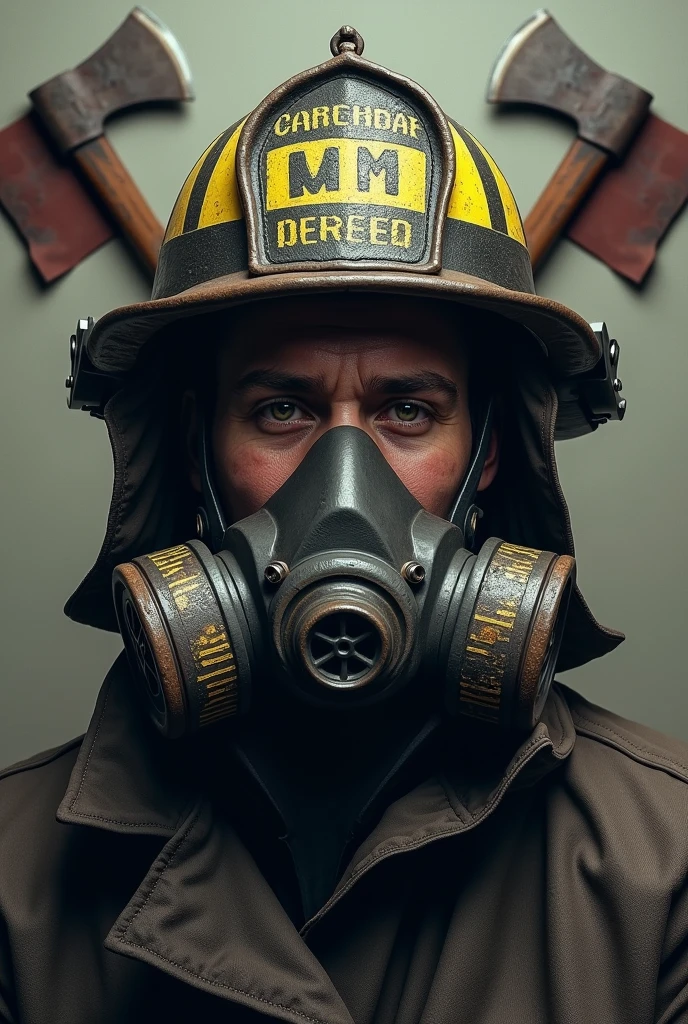 Firefighter head with respirator mask with axes behind on a wall