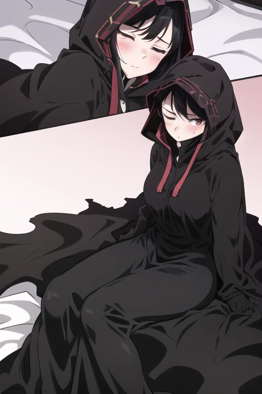 NNAssassinFSF, 1girl, solo, black hair, long cape sleeves, sleeves covered hands, long skirt, robe dress, long cape, cape, black cloak, hood up, black robe, covered mouth, white gloves, mask, hooded cloak, ((masterpiece, best quality)), from below, bed, lying down, eyes closed, blush, hugs 