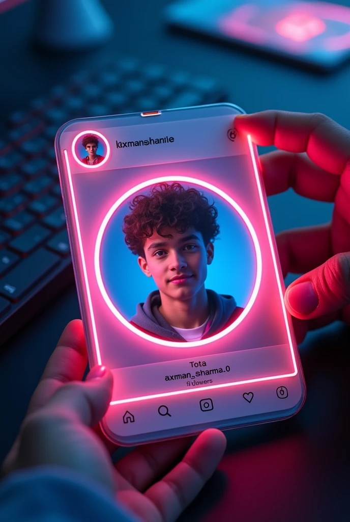 Create a Instagram profile on glass id card on a Black desk displaying Instagram logo and realistic profile photo of a teenage boy in circle and " laxman_sharma._.0 " is written in bold fonts under the profile photo and 39 Followers written, the Instagram card is glowing in pink and blue color on the edge, One corner is held with two fingers