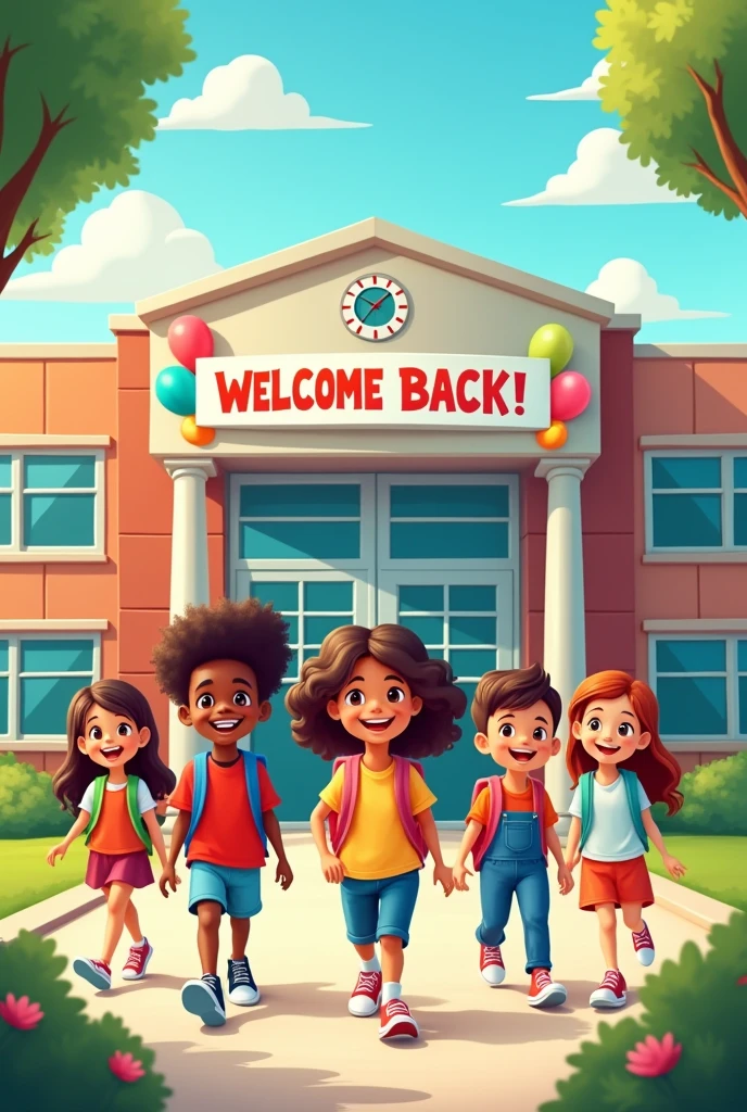 Create an image of a vibrant and energetic school scene to depict the theme 'Back to School.' The image should include a diverse group of children, ages 6-12, happily entering a modern school building. They are carrying colorful backpacks and wearing casual, bright clothing. The school entrance is decorated with balloons, banners, and a welcoming sign that reads 'Welcome Back!' The background should show a sunny day with a few fluffy clouds, trees, and a well-maintained schoolyard. The overall atmosphere should be lively, cheerful, and full of excitement for the new school year."