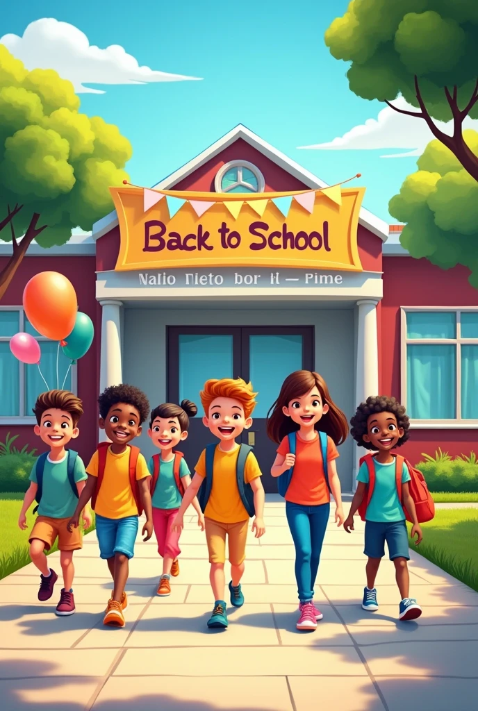 Create an image of a vibrant and energetic school scene to depict the theme 'Back to School.' The image should include a diverse group of children, ages 6-12, happily entering a modern school building. They are carrying colorful backpacks and wearing casual, bright clothing. The school entrance is decorated with balloons, banners, and a welcoming sign that reads 'Welcome Back!' The background should show a sunny day with a few fluffy clouds, trees, and a well-maintained schoolyard. The overall atmosphere should be lively, cheerful, and full of excitement for the new school year."