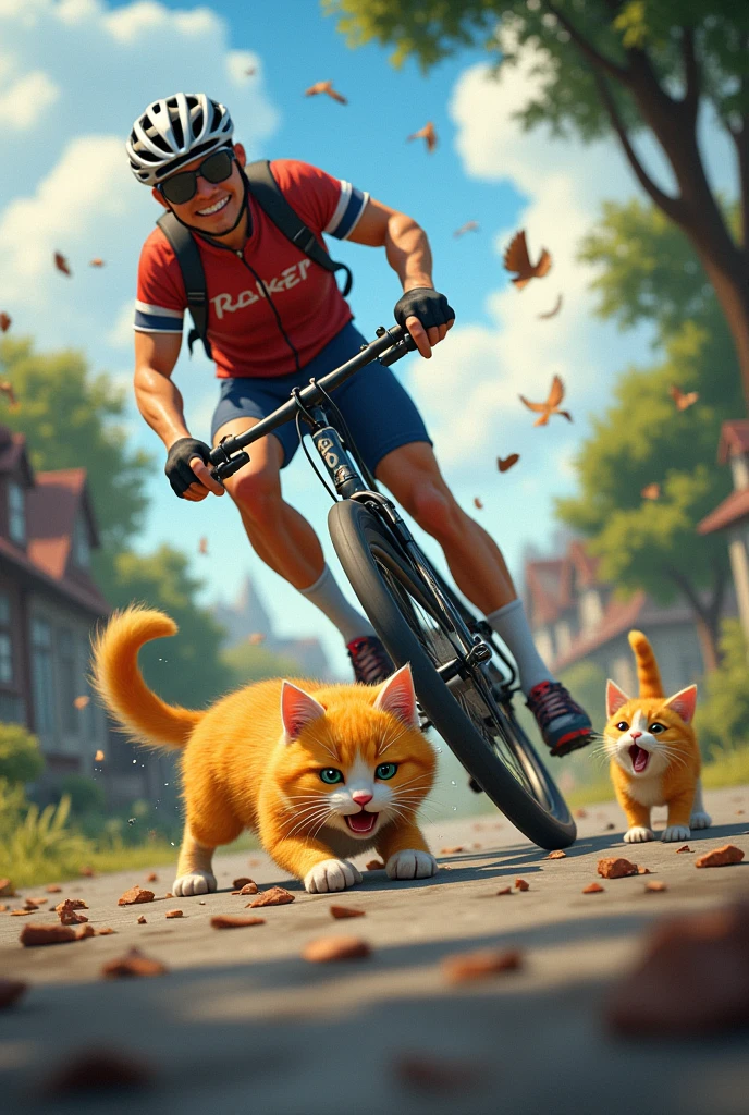 The cyclist falls, and the yellow cat and her kitten are caught in the chaos. The cat is knocked to the ground, her face showing distress, while the kitten looks frightened.
