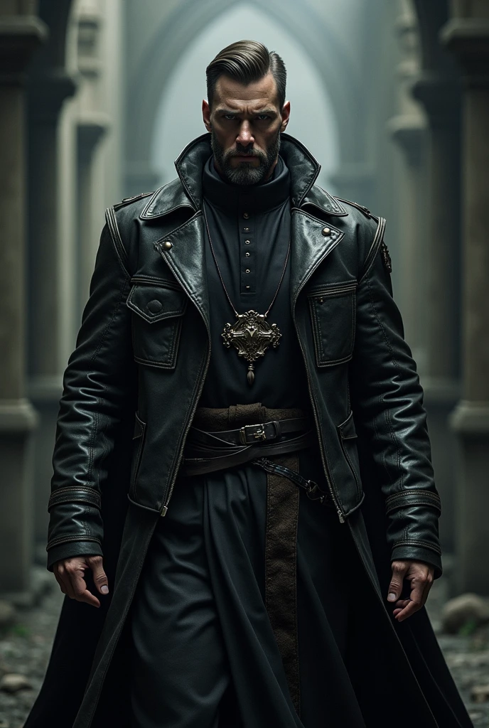Dark hero priest wearing leather jacket