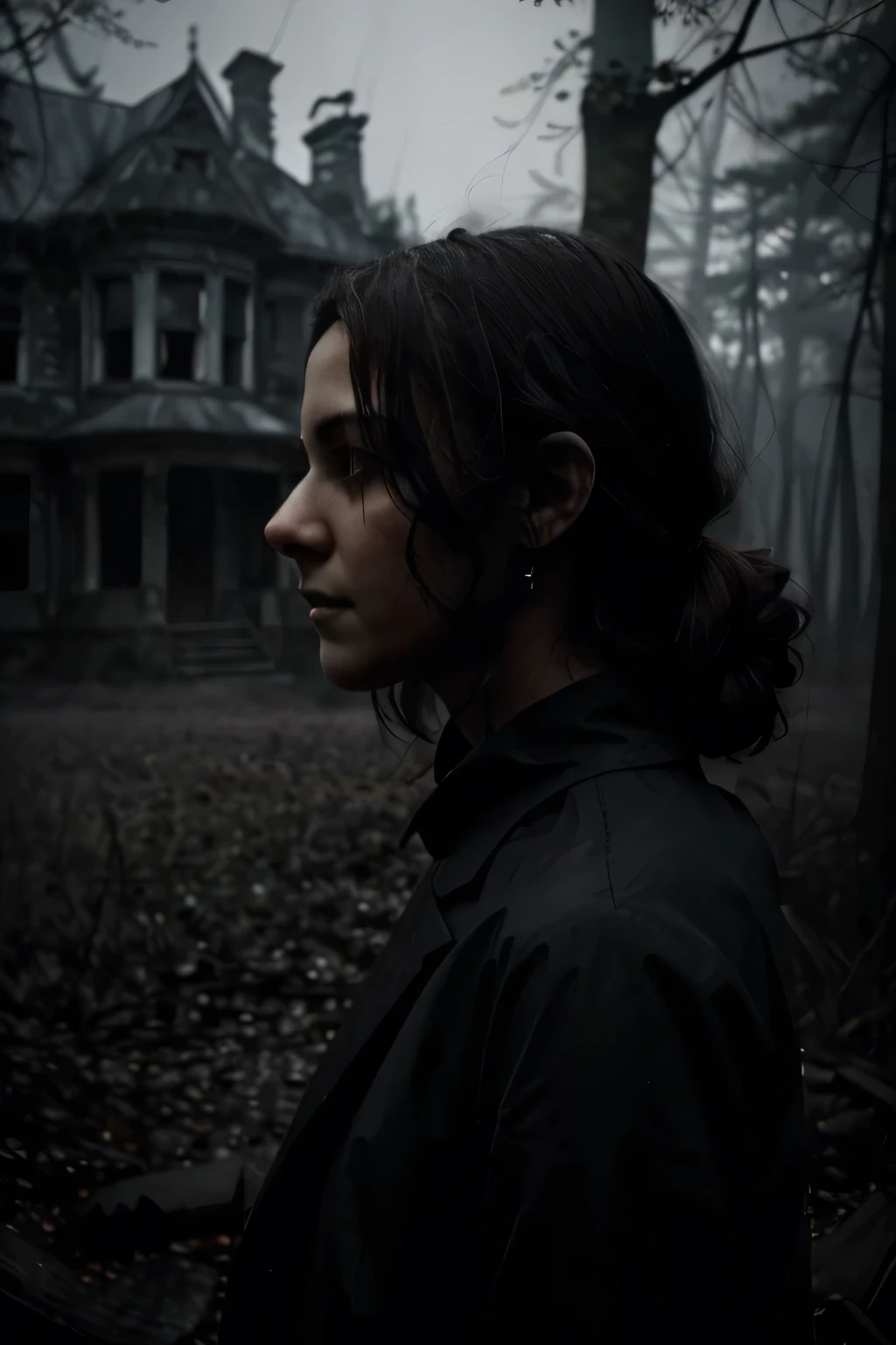 Create a dark, mysterious profile image featuring a shadowy figure with a faint, eerie glow surrounding them. The figure is partially obscured, with only glowing eyes or a haunting smile visible. The background is a misty forest or an old, abandoned mansion, with silhouettes of twisted trees or crumbling walls. The color palette should be dominated by deep blacks, dark purples, and shades of gray, with subtle highlights of ghostly white. The overall mood is ominous and suspenseful, evoking a sense of dread and mystery.