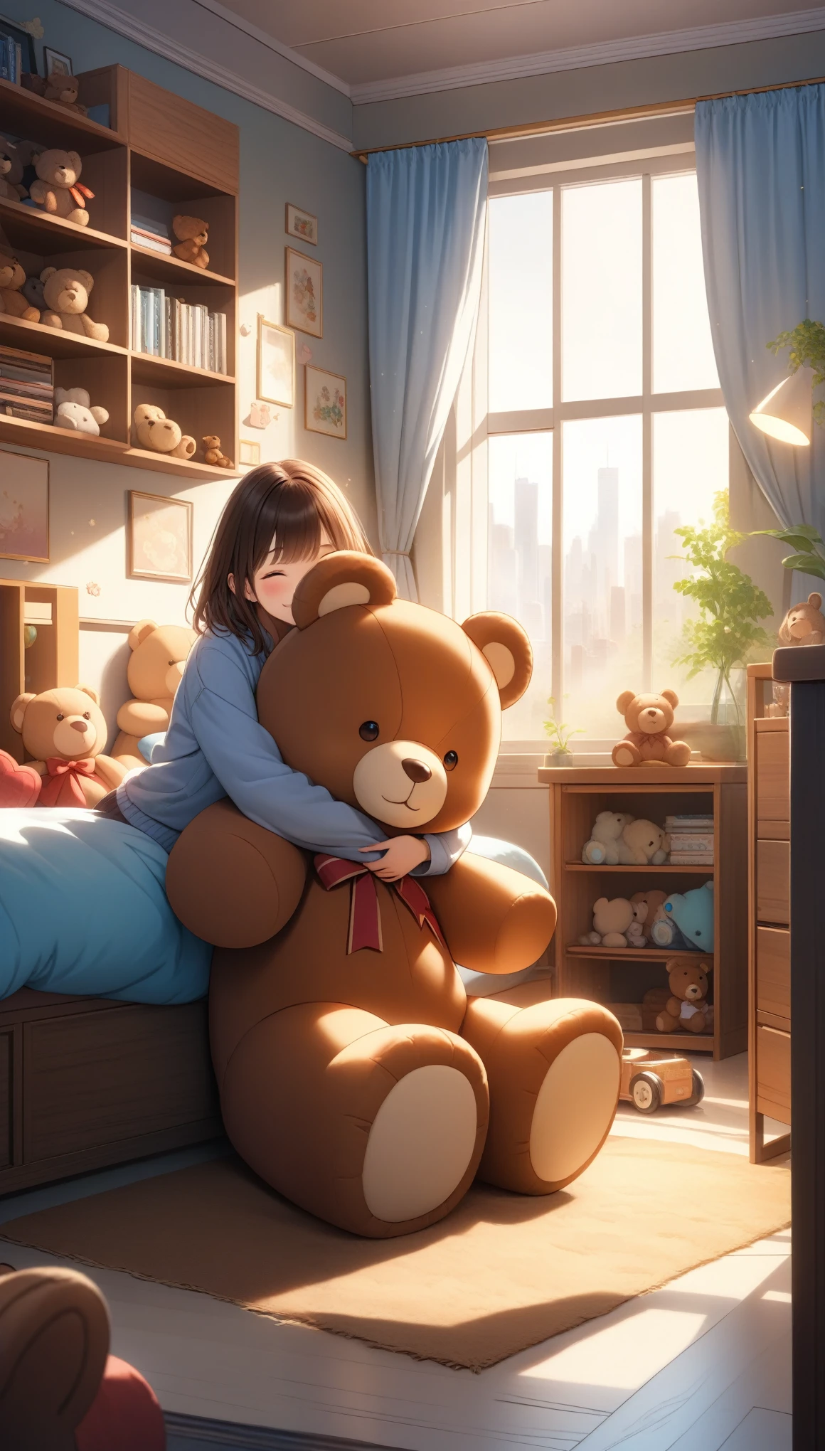 One girl, hugging a teddy bear, Cute teddy bear, Lots of teddy bears, Moving happily, Cute room, ((32K)), ((best quality)), ((ultra high res)), ((HDR)), ((uhd)), ((extremely detailed CG)), ((unity 32K wallpaper)), (((illustration))),