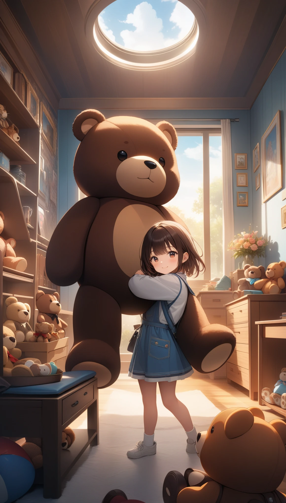 One girl, Hug a teddy bear from behind, Cute teddy bear, Lots of teddy bears,  Moving happily, Cute room, ((32K)), ((best quality)), ((ultra high res)), ((HDR)), ((uhd)), ((extremely detailed CG)), ((unity 32K wallpaper)), (((illustration))), 