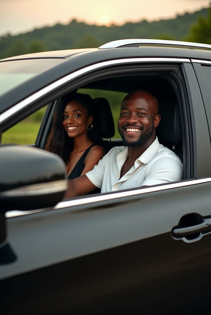 A beautiful African woman with long straight hair wearing a black bum short  and a white shirt happily sitting next to her handsome African husband who is driving both of them in a black Lexus Rx350 jeep both smiling happily  in 