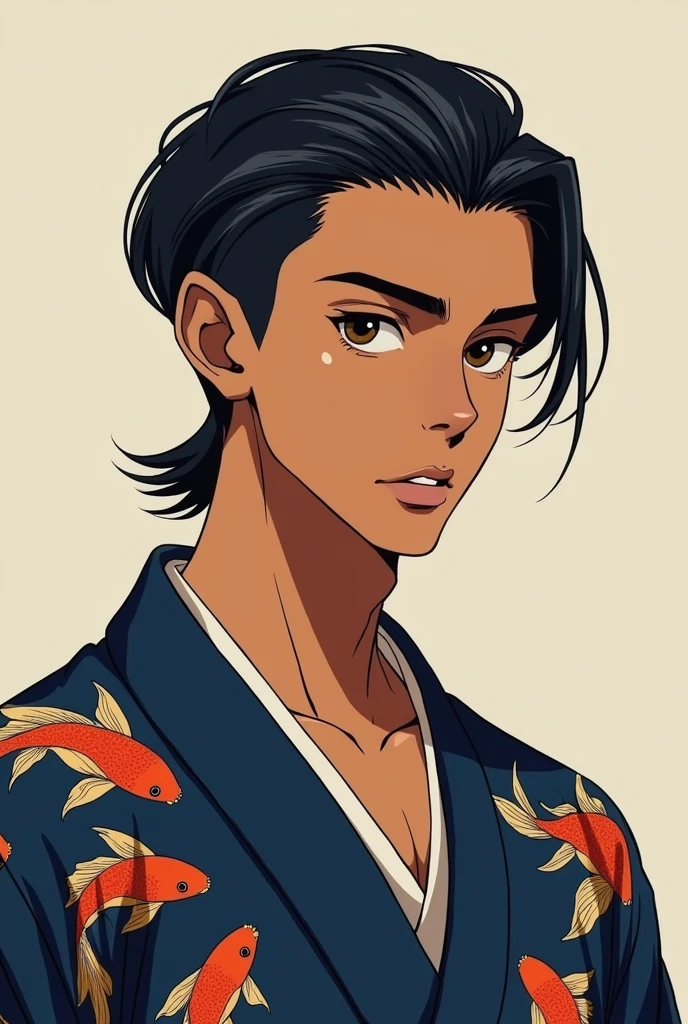 Male character Teenager with brown skin, wearing dark blue kimono with goldfish print, de cabelo slickback, dark brown eyes, anime styling