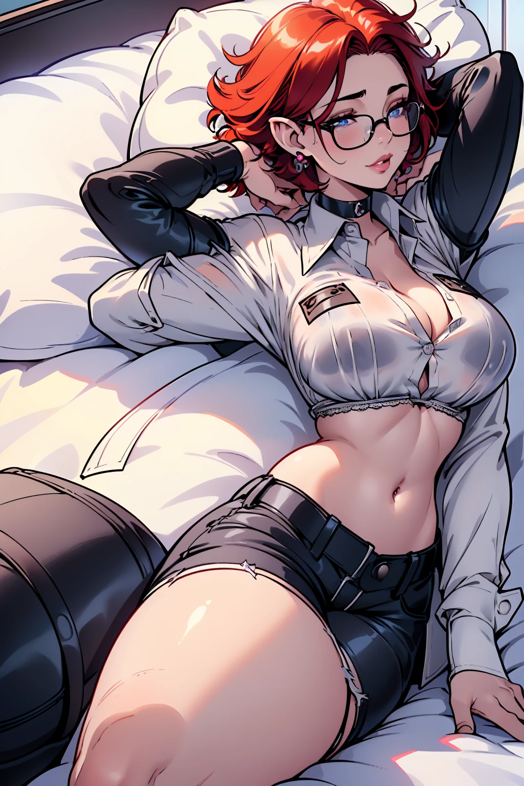 1girl, beautiful elf woman, ((Short Red Hair, Straight, has shine)) Blue eyes, double eyelids, light effect on eyes, detailed irises, beautiful curvy body, glasses, ((White Button up shirt buttoned up, bodice: 1.5)), black choker, ((black lace shorts)), black high heels, ((Work of art, hyper-realistic, hyper detailed, Best Quality, 16k, light and shadow on skin, vivid colors)), ((laying down in bed on stomach asleep eyes half open watching viewer sleep: 1.5)), ((Hands behind head: 1.5, Hand resting on stomach: 1.5)) Lustful Expression, perfect lips, sexy mature face, lots of freckles all over body, full pouty lips, extreme blush, sensual smile, ((Night)), moonlit sky, Flirting with viewer, Flirty Lewd Smile, ((Large Breasts: 1.0)) ((Full Side View))