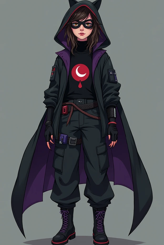 1 girl. estilo DC panel Young Justice. dark brown hair, Wavy and shaggy is a shaggy mullet style below the shoulders, tired brown eyes with dark circles, almost pale white complexion,1.65 m, slim and agile build. security guard clothing, black muscle shirt, Black oversized military pants and a comfortable colored jacket with violet details, The emblem on the chest is a lunar symbol with a drop of blood in the center., representing his gift The black hooded cloak has a dark red trim, The boots and gloves have dark red details, and the nails on the gloves look like sharp claws. The black mask has night vision lenses that appear to be like wolf eyes., on the belt, He carries tools and weapons that appear to be like medical instruments.. The entire costume seems to be like an extension of his gift.