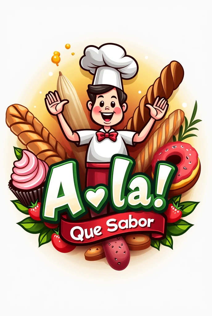 Create a logo for a food business where you sell sweet things like cupcakes,donuts and salty things like breads with meats that is a mix of food and that has the name A LAA!What a taste.      ENNN SPANISH
 