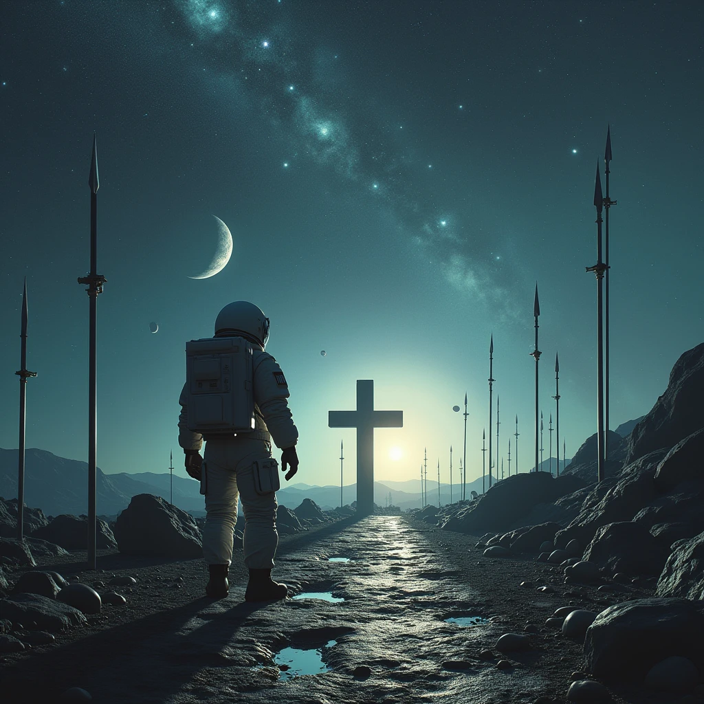 in outer space, stars , galaxies , planets , a rocky path with small drops of blood, spears stuck in the ground, a tunic thrown on the ground, A crown of thorns lying on the road and at the end of the road a cross , an astronaut