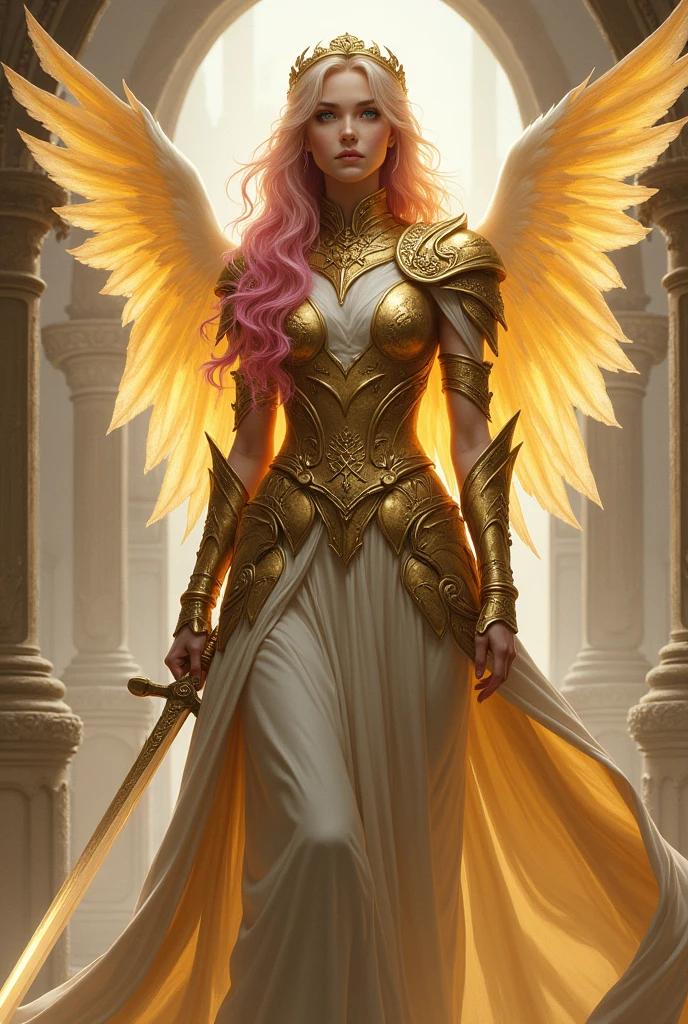 Female elf Paladin aasimar blond hair with pink highlights blue eyes with wings and golden crown armor and sword
