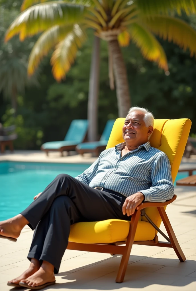 President Andres Manuel Lopez Obrador at the water park "Tepetongo" enjoying the sun on a yellow lounge chair