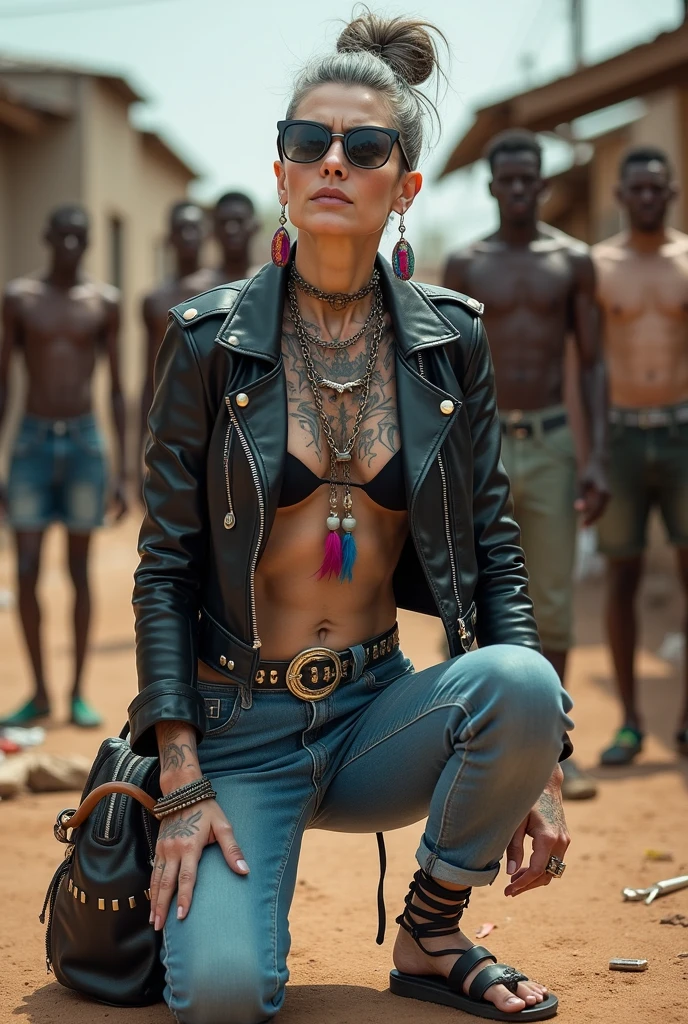 russian milf woman, grey hair (pouf, and top bun and shaved sides) and oversized square maxi sunglasses as headband, with very light blue eyes, extremely pale. Wearing aged black cropped moto jacket with lots of zippers and pins; black bikini, flip flops . Dirty knees and dusty hands. Lots of metallic bracelets, lots of boho pendants and lots of colourful beads collars. Long boho earrings with colourful feathers. Squatting like in a payer, looking up, chin up, stretching her neck , humble facial expression. Hands on her knees, showing off bracelets and rings. studded black leather tote bag with chains on the floor, next to her.. Listening chin up in amazement to somebody speaking to her from above, well toned abdominals, thin neck, slim legs and thin arms. Cleavage, belly, neck, tigh and hands comoletely covered with tattoos. Dirt street in Kenian village full of waste. A lot of tanned shirtless fat men in jeans around looking at her. next to her, all her belongings scattered on the floor: makeup kit, little makeup mirror, studded black leather tote bag, lipstick, wallet, moble etc on the floor