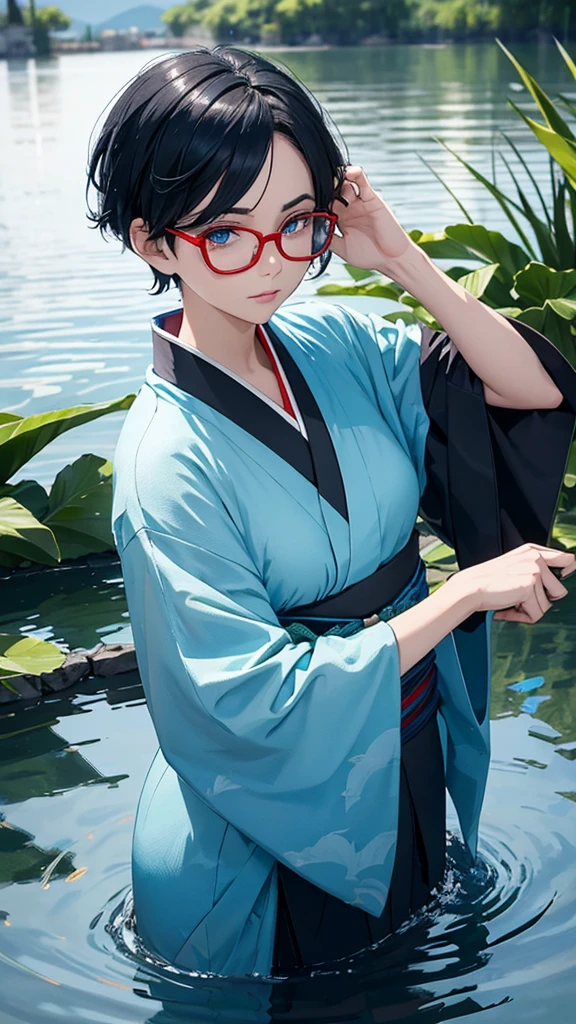 Make a character with short black hair, blue colored eyes,with a kimono half blue with green,in a lake next to sea plants,the night, manipulating water with one hand, Rectangular red glasses,with a pose looking at the camera, closed hands