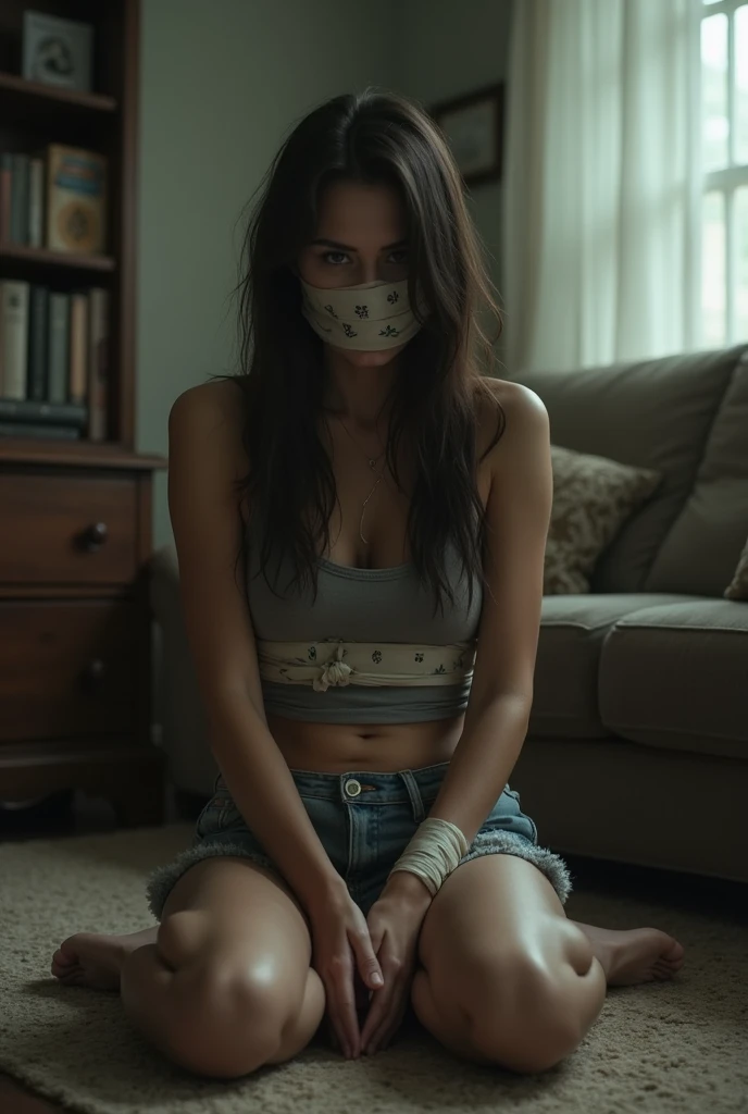 woman at home, Wearing shorts and a tank top, bare foot, Tied up and gagged with tape