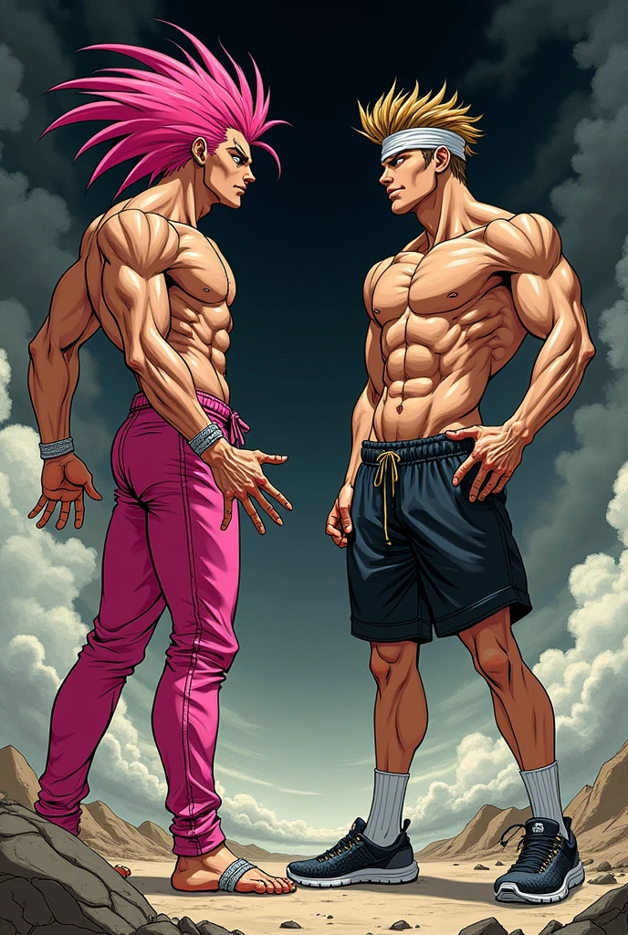Manga jojo dio pink hair shirtless pink pants jotaro black hair shirtless in shorts and sneakers
