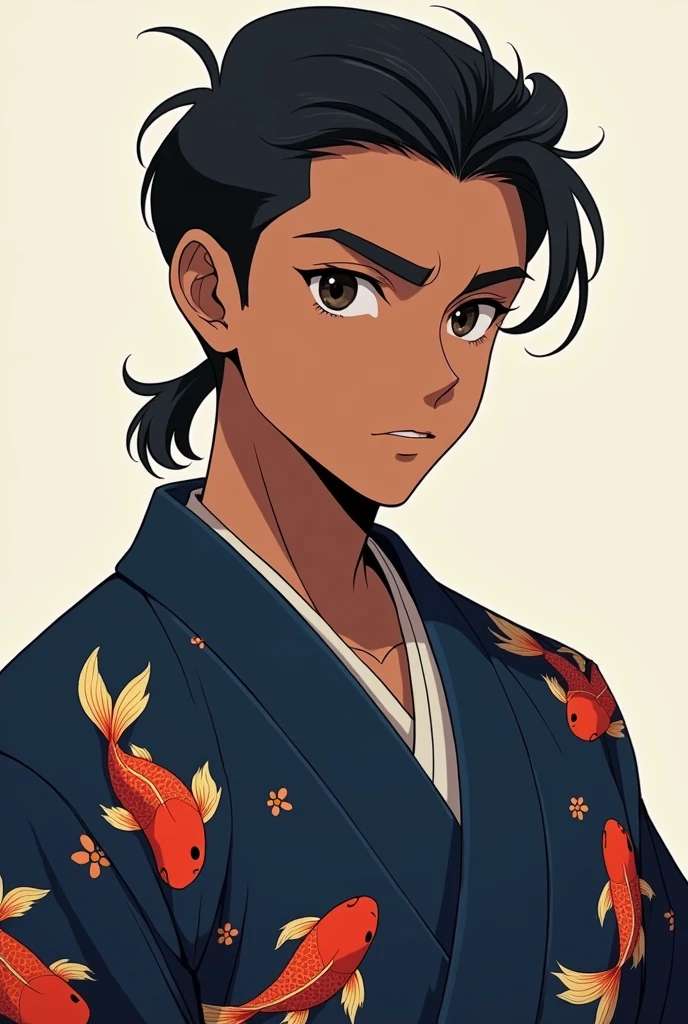 Male character Teenager with brown skin, wearing dark blue kimono with goldfish print, de cabelo slickback, dark brown eyes, anime styling