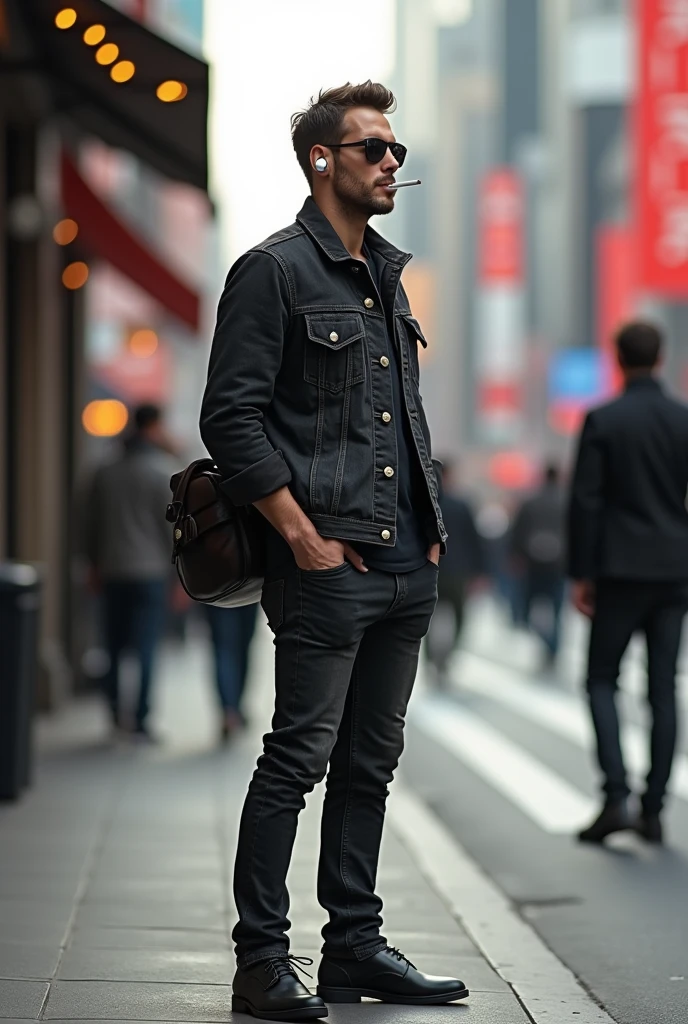 A man Wearing a black jeans jacket carrying a bag with black shoes smoking on the side of a busy city center street using earphones looking at the street