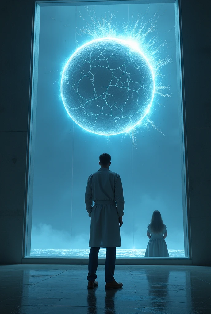 A scientist from behind looking at a glass window where there is a cracked gray round ball floating and emanating blue energies and a mysterious shadow can be seen watching the scientist.