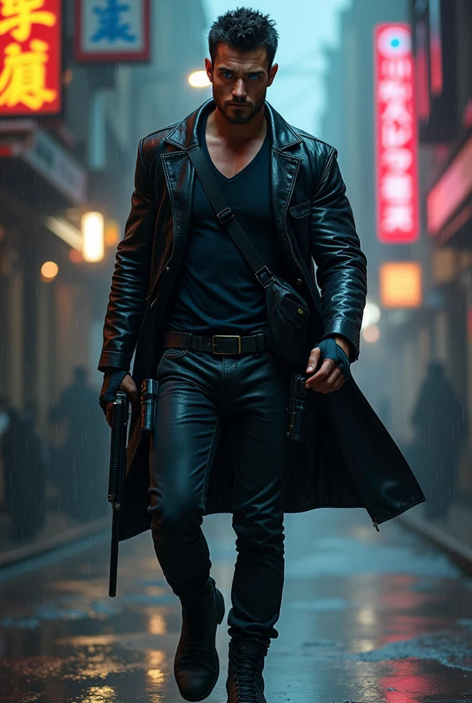 1 male, slim and athletic body, upright and confident posture. Approximately 1.80m tall. Defined but not bulky muscles. Broad shoulders, narrow waist, abdomen with visible "six-pack". Light skin with a light tan. Short black hair. Slightly wavy texture, shiny and well-groomed. Vibrant blue eyes, large and expressive. Well-defined but natural eyebrows. Straight and proportional nose. Well-defined lips, serious but alert expression. Wearing a black leather overcoat, knee-length, open in the front. Underneath, a tight black V-neck t-shirt. Slim-fit black pants made of resistant material. Black combat boots up to the ankle, with metallic details. Two pistols, one on each side of the leg, attached to black tactical holsters. The weapons are semi-automatic, modern model, with matte black finish. Carrying a black one-sided bag made of resistant material, with adjustable strap across the chest. The bag has multiple compartments and metal clasps. Posture: Standing, leaning sideways, one hand close to one of the pistols, looking straight ahead. Setting: Dark, rainy urban street, neon lights reflecting off puddles.