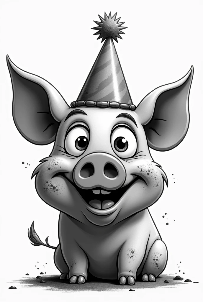 A cartoon-style pig head, who is dirty and wears a party hat, In black and white.
The pig must be dirty.