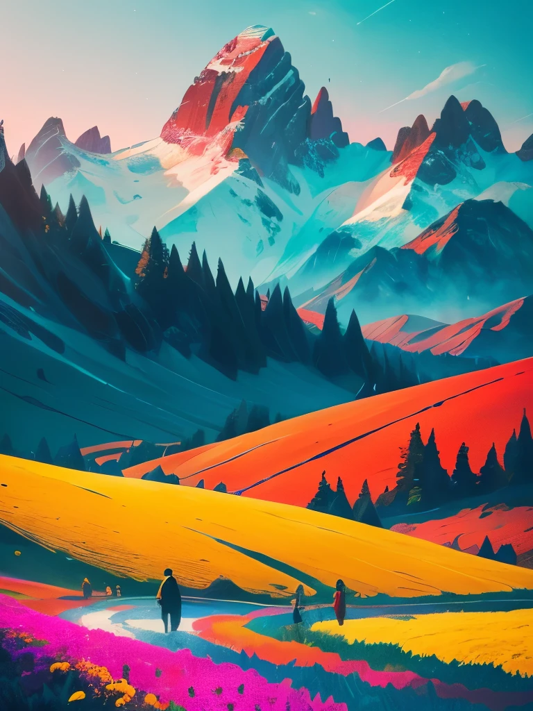 a group of people walking up a hill covered in colorful hills, an ultrafine detailed painting by Jessie Algie, trending on unsplash, color field, incredible colors, amazing colours, amazing colors, extraordinary colorful landscape, breathtaking colors, highly colorful, cant believe it is real, beautiful and colorful, stunning colors, outworldly colours, beautifully painted