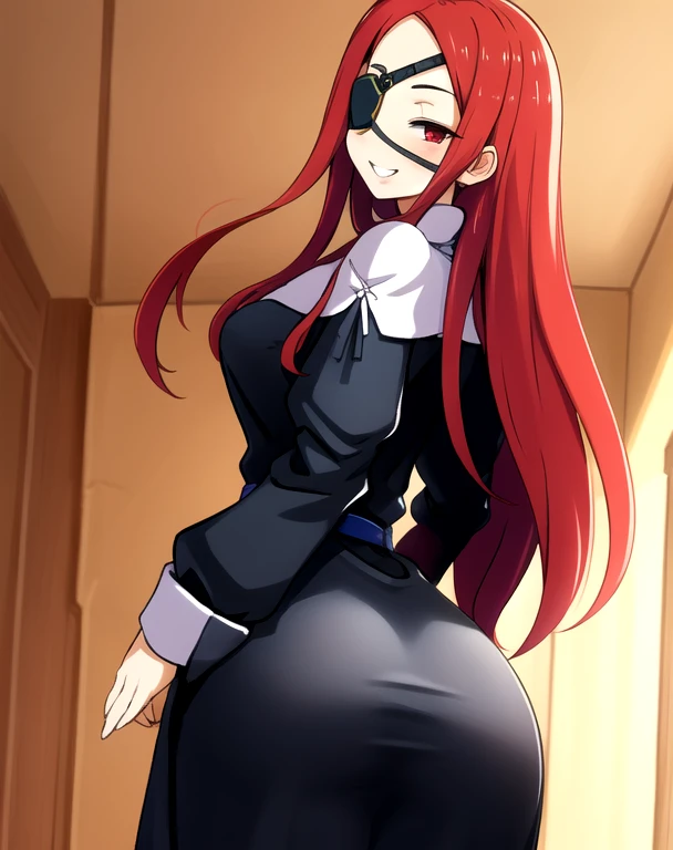 Marietta, right eyepatch, long red hair, grin, red eyes,
blue roped belt,long sleeves,black dress, castle, indoors,
(insanely detailed, beautiful detailed face, masterpiece, beautiful detailed eyes, best quality) room leaning back, posing, from behind, ass support looking at viewer, from below
