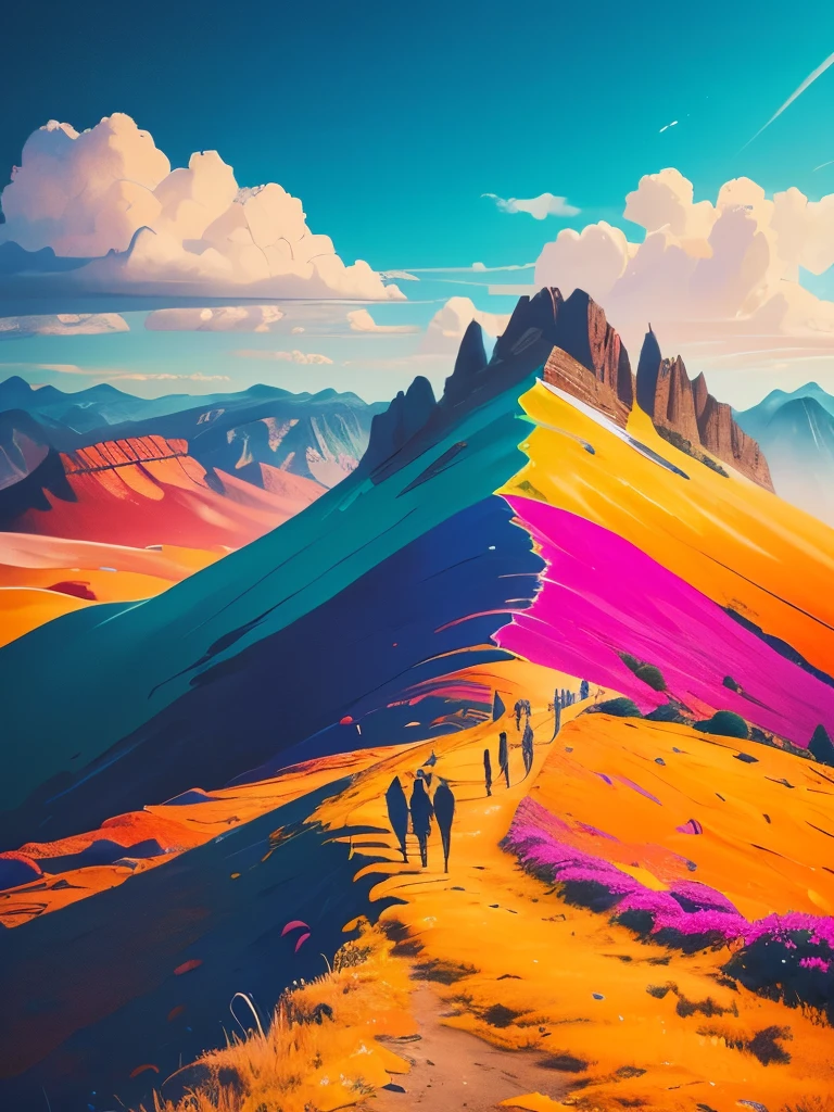 a group of people walking up a hill covered in colorful hills, an ultrafine detailed painting by Jessie Algie, trending on unsplash, color field, incredible colors, amazing colours, amazing colors, extraordinary colorful landscape, breathtaking colors, highly colorful, cant believe it is real, beautiful and colorful, stunning colors, outworldly colours, beautifully painted