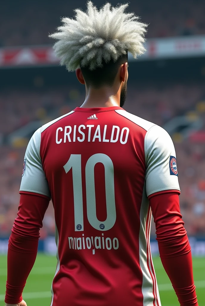 Bayern player who wears number 10 and is called Cristaldo who wears long sleeves and has silver hair and a short afro seen from behind