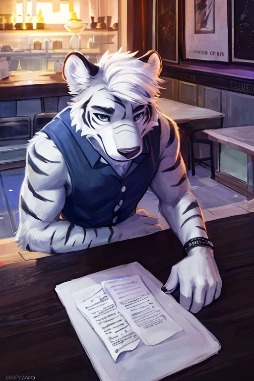 (((inside of a small Cafe standing behind the table with the POV of you sitting at the table looking at the waiter  ,the waiter is a light gray tiger shark with white hair male standing up with big muscle, An artwork,wearing waitress waiter clothing, clothing))), big chest wearing clothing , day, , sensual, detailed, uploaded to e621, beautiful and detailed portrait of an anthropomorphic , (((male))) uploaded to e621, zaush, foxovh, movie lighting, thicc, alone, movie cover, detailed, 8k res, hires, detailed eyes, good anatomy, good perspective, towards viewer, by bebebebebe, by sicklyhypnos, by gerkk, by orf, nice hands, perfect hands, happy, romantic, ray tracing lighting, rtx on