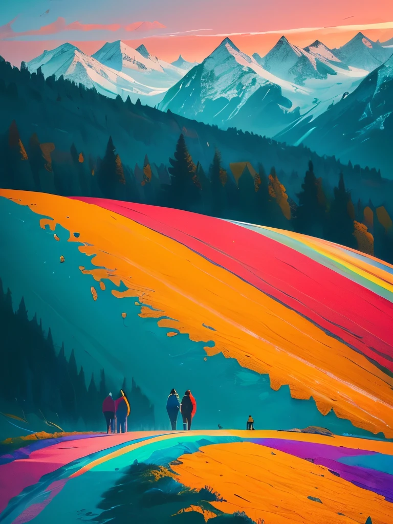 a group of people walking up a hill covered in colorful hills, an ultrafine detailed painting by Jessie Algie, trending on unsplash, color field, incredible colors, amazing colours, amazing colors, extraordinary colorful landscape, breathtaking colors, highly colorful, cant believe it is real, beautiful and colorful, stunning colors, outworldly colours, beautifully painted
