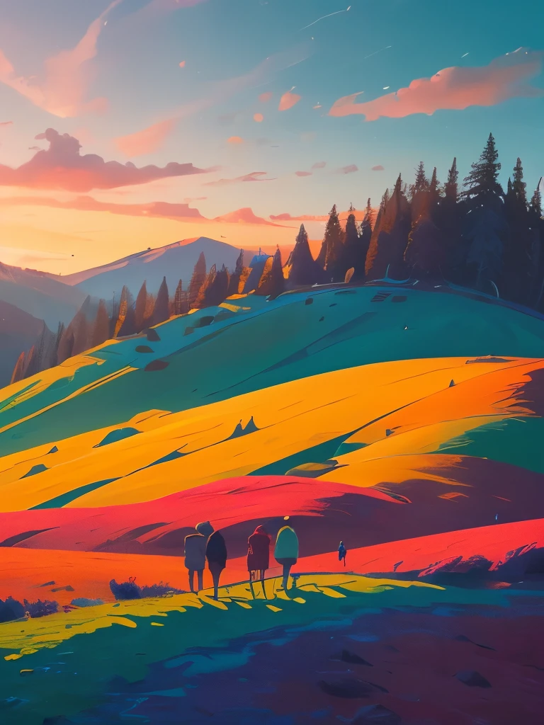 a group of people walking up a hill covered in colorful hills, an ultrafine detailed painting by Jessie Algie, trending on unsplash, color field, incredible colors, amazing colours, amazing colors, extraordinary colorful landscape, breathtaking colors, highly colorful, cant believe it is real, beautiful and colorful, stunning colors, outworldly colours, beautifully painted