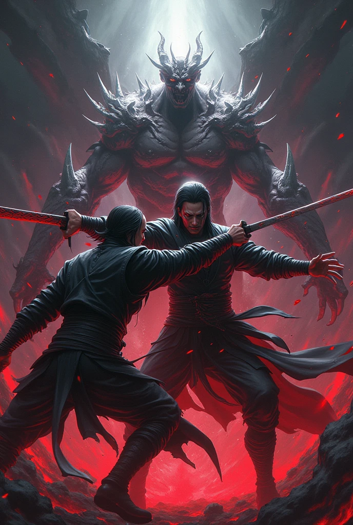 Demon Slayer, 2D art, dark fantasy, black and red, digital painting, highly detailed, cinematic lighting, dramatic shadows, intense colors, dynamic composition, powerful character poses, intricate character designs, strong contrast, dark and moody atmosphere, supernatural elements, Japanese anime style, masterpiece
