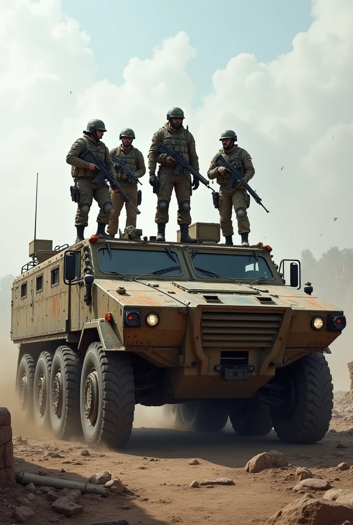 4 soldiers on top of a war car