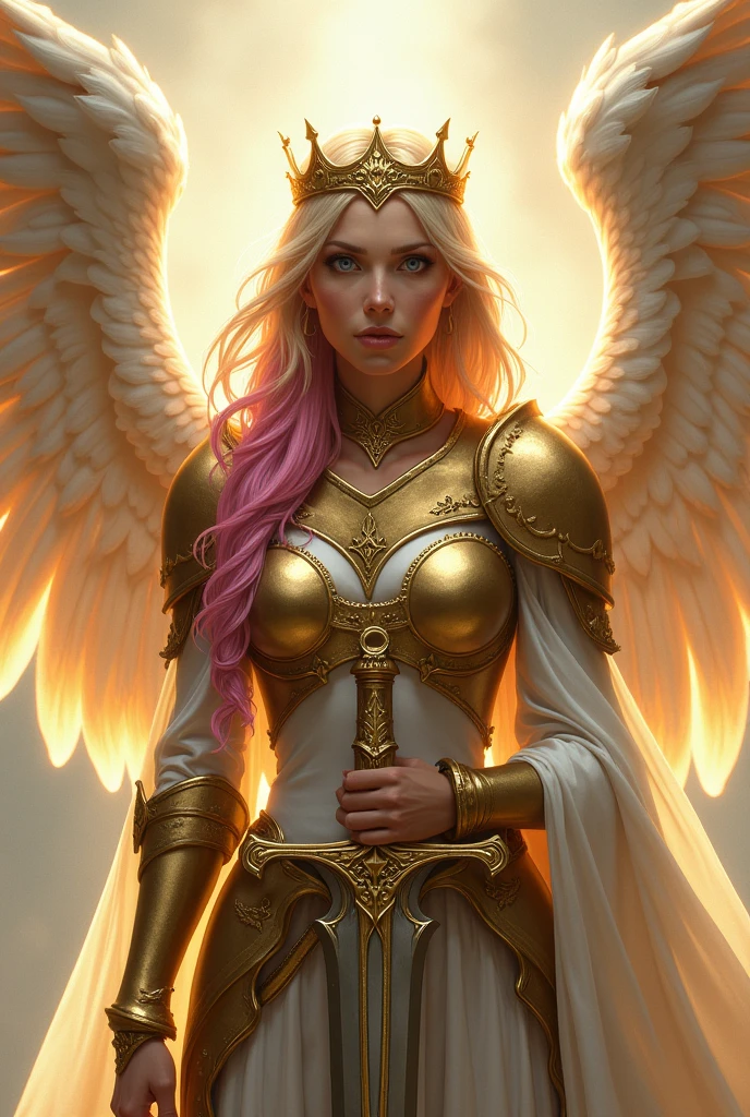 Female elf Paladin aasimar blond hair with pink highlights blue eyes with wings and golden crown armor and sword
