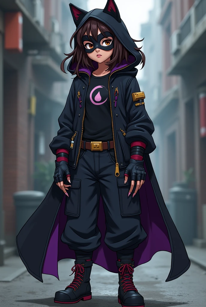 1 girl. estilo DC panel Young Justice. dark brown hair, Wavy and shaggy is a shaggy mullet style below the shoulders, tired brown eyes with dark circles, almost pale white complexion,1.65 m, slim and agile build. security guard clothing, black muscle shirt, Black oversized military pants and a comfortable colored jacket with violet details, The emblem on the chest is a lunar symbol with a drop of blood in the center., representing his gift The black hooded cloak has a dark red trim, The boots and gloves have dark red details, and the nails on the gloves look like sharp claws. The black mask has night vision lenses that appear to be like wolf eyes., on the belt, He carries tools and weapons that appear to be like medical instruments.. The entire costume seems to be like an extension of his gift.